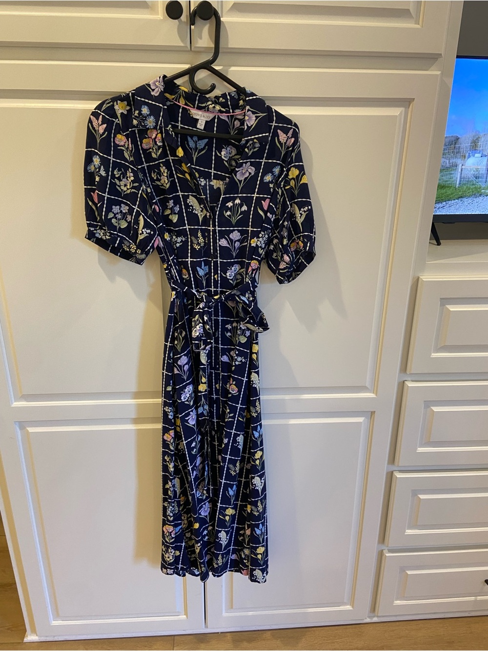 crown & ivy Navy Floral Grid Midi Dress with Tie Waist